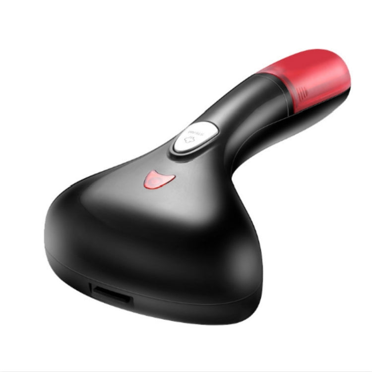 Black handheld garment steamer with red water tank and control button