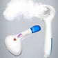 White handheld clothes steamer releasing steam with blue indicator on handle