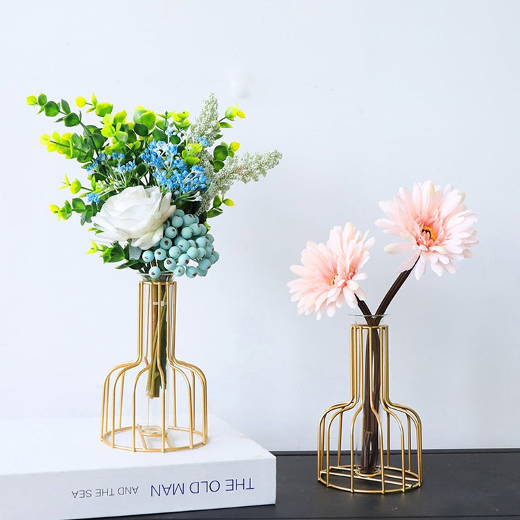 Gold metal flower glass insert pair with green-blue blooms and pink flower accents