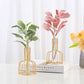 Gold metal flower glass insert trio with green leaves, pink branches, and yellow flowers