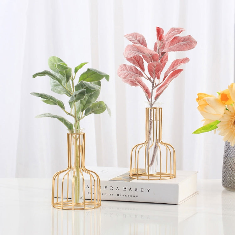 Gold metal flower glass insert trio with green leaves, pink branches, and yellow flowers