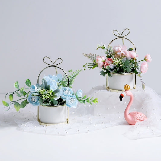 Wrought Iron Portable Frame Hydrangea Flower Pot Decoration Ornaments Home Study Office Wedding Decoration, Light Pink, Light Yellow, light Purple, Light Green, Light Blue, Elegant White