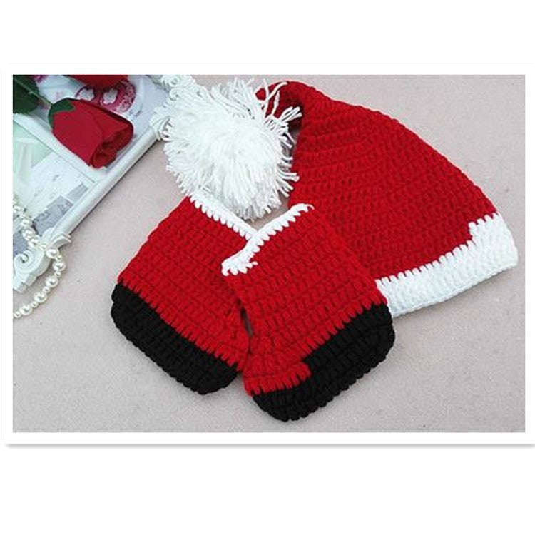 Knit baby Christmas outfit set: red-and-black romper with white trim and white pom-pom hat