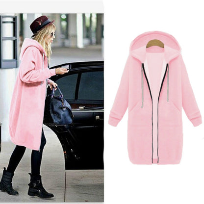 Pink hooded long-sleeve zip sweater coat with drawstring hood and front pockets