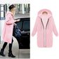 Pink hooded long sweater coat, zip-front design with drawstring hood and side pockets