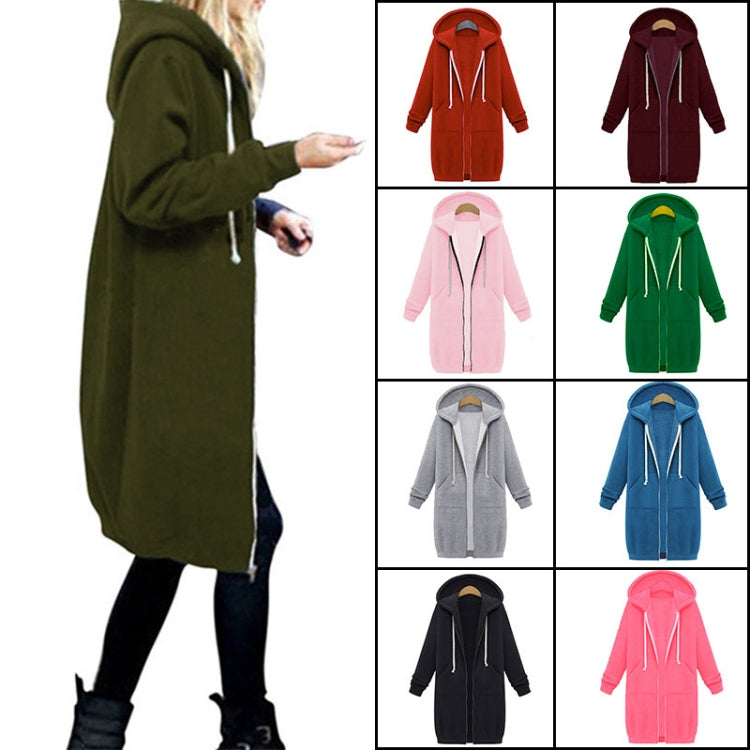 Olive green hooded long-sleeve zip sweater coat with drawstring hood and front pockets