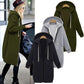 Olive green hooded zip long coat sweater with drawstring hood; gray and black shown