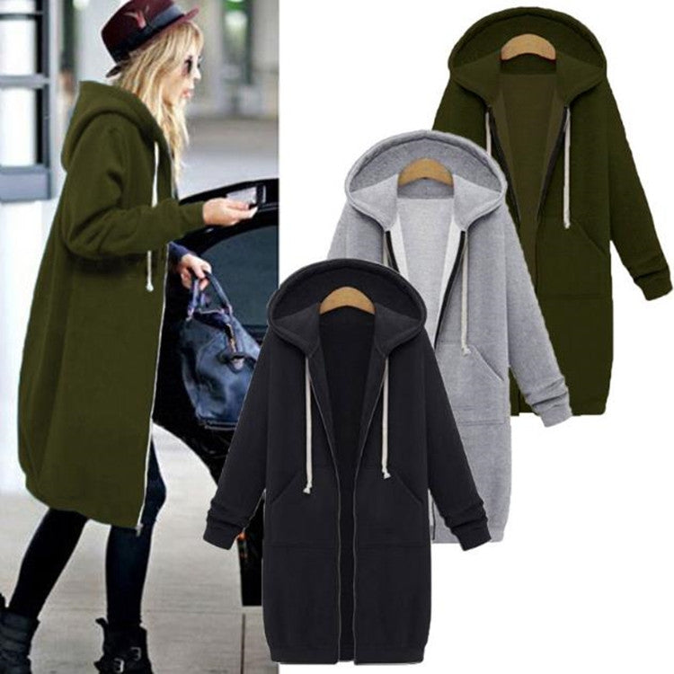 Olive green hooded zip long coat sweater with drawstring hood; gray and black shown