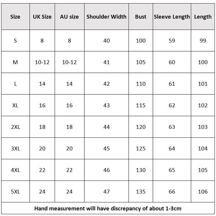 Size chart table with measurements for hooded long-sleeve sweater coat