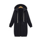 Black hooded long-sleeve zip sweater coat with drawstring hood and front pockets