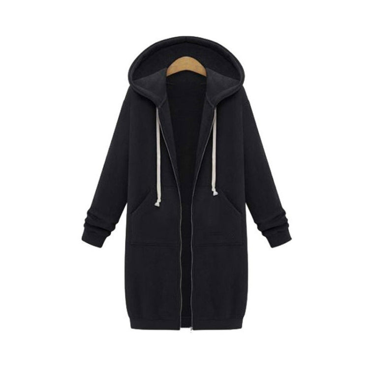 Black hooded long-sleeve zip sweater coat with drawstring hood and front pockets