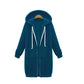 Teal blue hooded long-sleeve zip sweater coat with drawstring hood and front pockets
