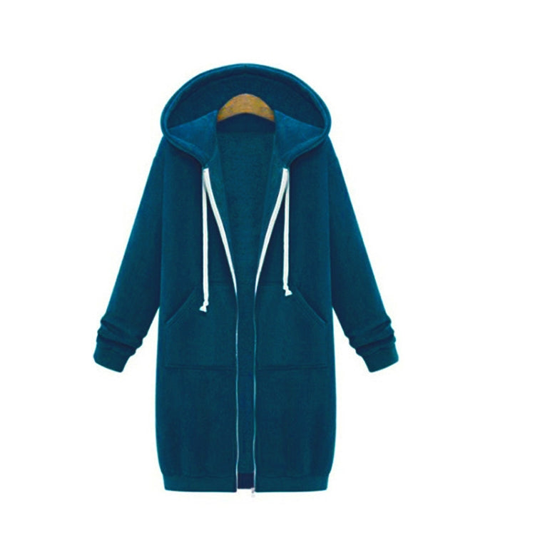 Teal blue hooded long-sleeve zip sweater coat with drawstring hood and front pockets