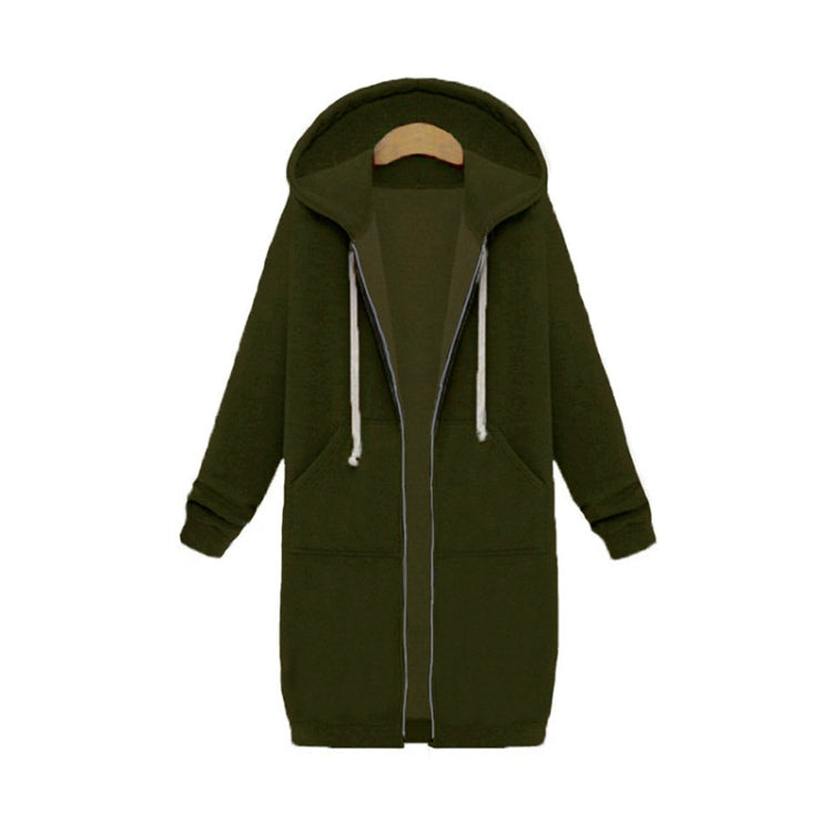 Dark green hooded long-sleeve zip sweater coat with drawstring hood and front pockets