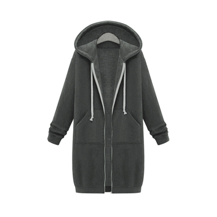 Dark gray hooded long-sleeve zip sweater coat with drawstring hood and front pockets