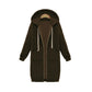 Brown hooded long-sleeve zip sweater coat with drawstring hood and front pockets