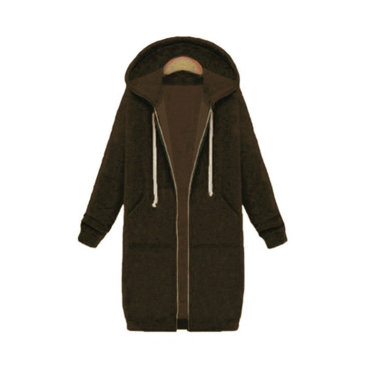 Brown hooded long-sleeve zip sweater coat with drawstring hood and front pockets
