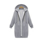 Gray hooded long-sleeve sweater coat with full zipper and front pockets.