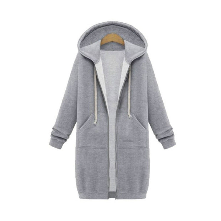 Gray hooded long-sleeve sweater coat with full zipper and front pockets.
