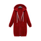 Red hooded long-sleeve sweater coat with drawstrings, full zipper, and front pockets.