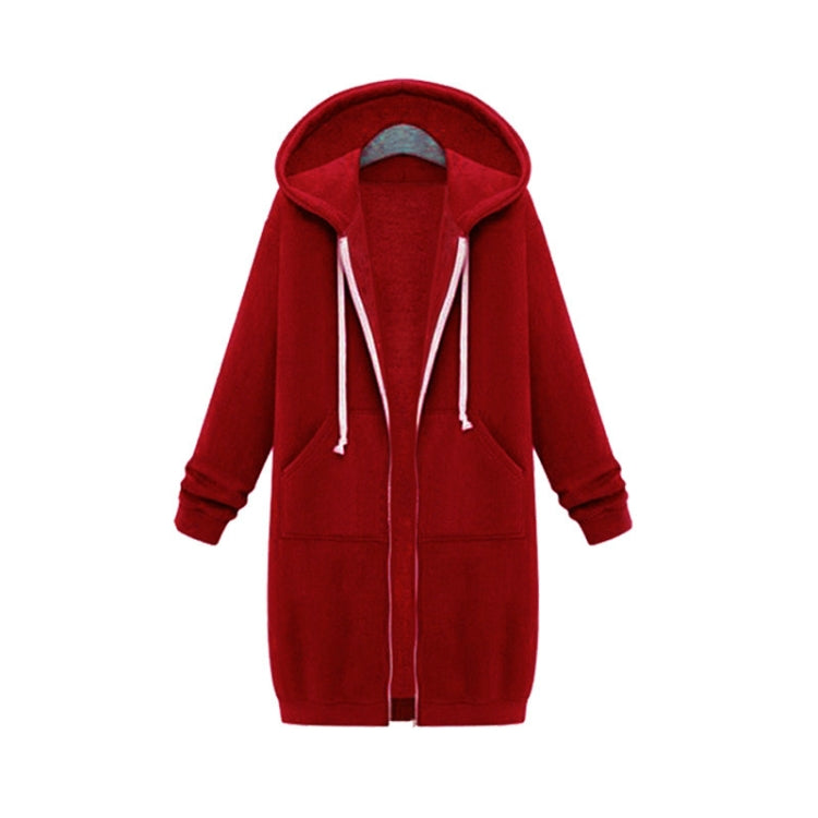 Red hooded long-sleeve sweater coat with drawstrings, full zipper, and front pockets.