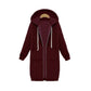 Wine-colored hooded long-sleeve sweater coat with drawstrings, full zipper, and pockets.