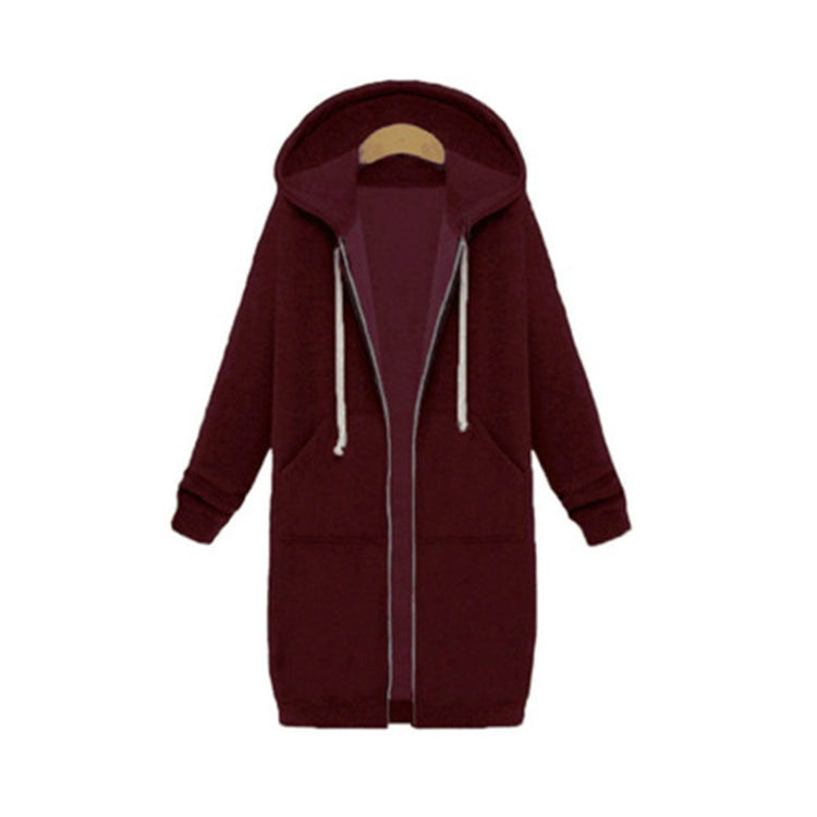 Wine-colored hooded long-sleeve sweater coat with drawstrings, full zipper, and pockets.