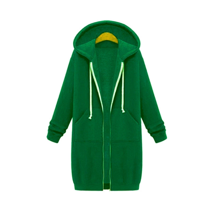Green hooded long-sleeve sweater coat with drawstrings, full zipper, and front pockets.