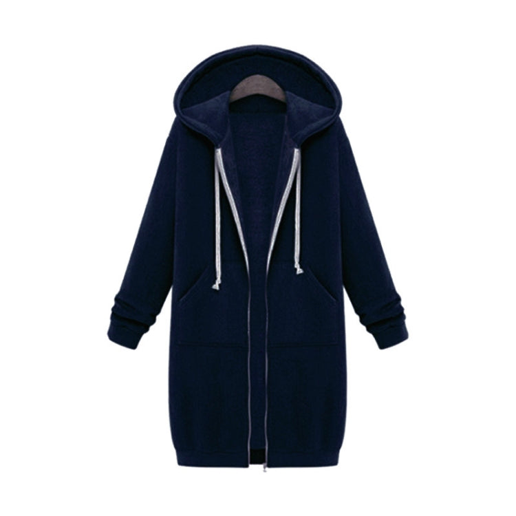 Navy hooded long-sleeve sweater coat with drawstrings, full zipper, and front pockets.