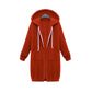 Rust orange hooded long-sleeve sweater coat with drawstrings, full zipper, and pockets.