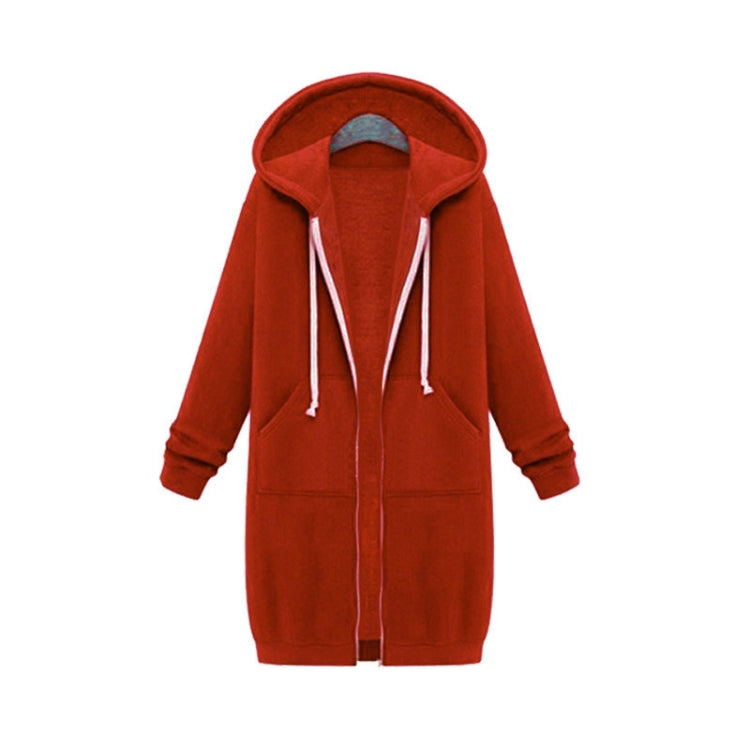 Rust orange hooded long-sleeve sweater coat with drawstrings, full zipper, and pockets.