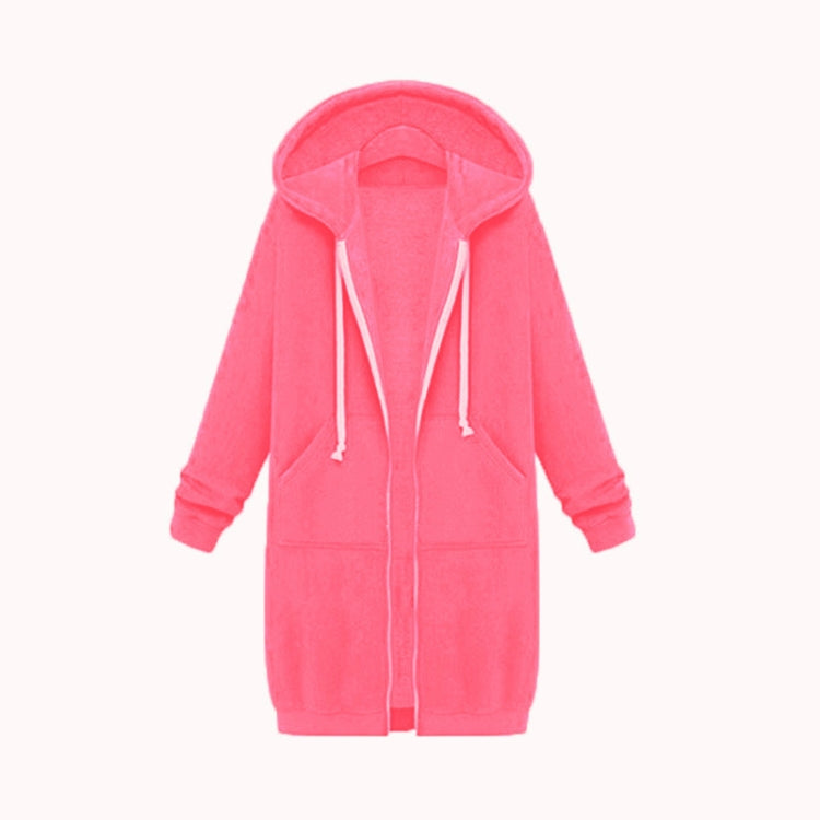 Pink hooded long-sleeve sweater coat with drawstrings, full zipper, and front pockets.