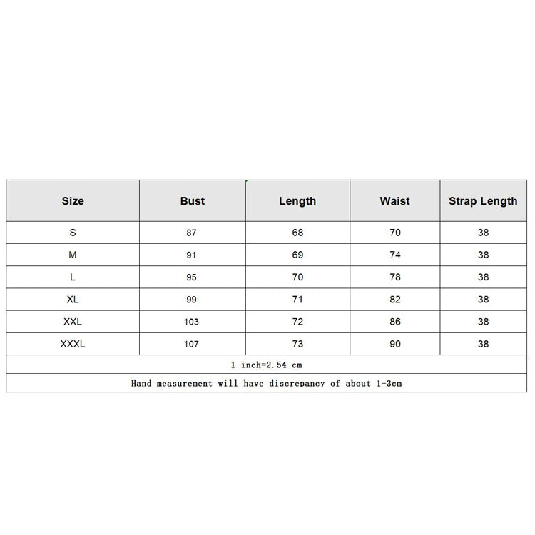 Size chart table with bust, length, waist, and strap length measurements