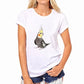 Women’s white short-sleeve T-shirt featuring gray and yellow parrot print
