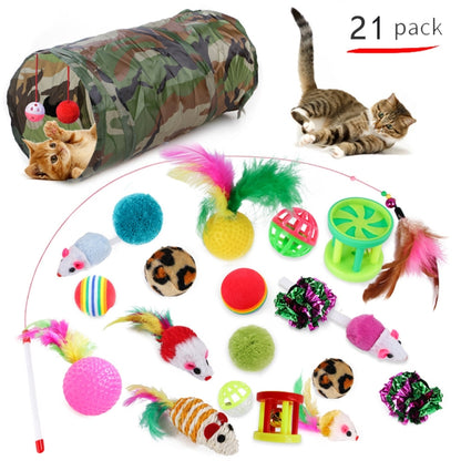 Pet cat toy set with camouflage plush tunnel, feather wand, and assorted colorful balls