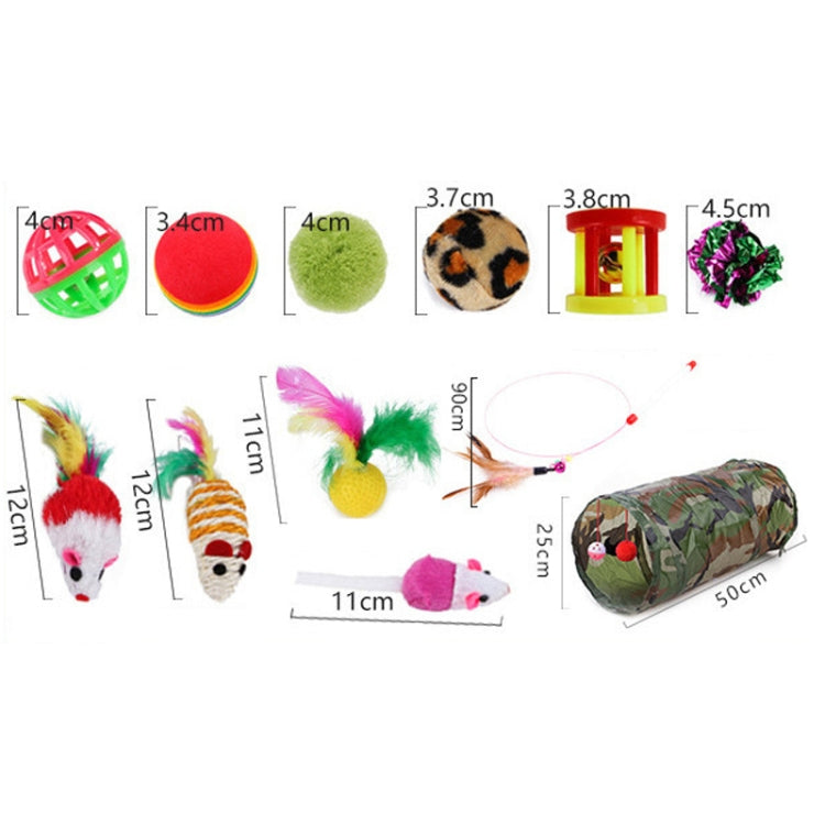 Pet cat toy set items with camo tunnel, balls, leopard ball, and feather wand