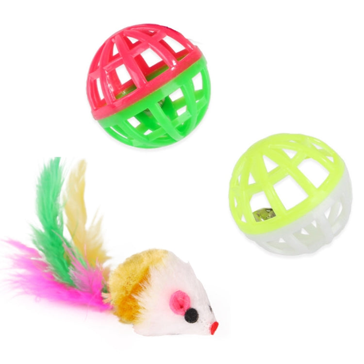 Pet cat toy set with plush mouse, rainbow feathers, and red-and-green cage balls