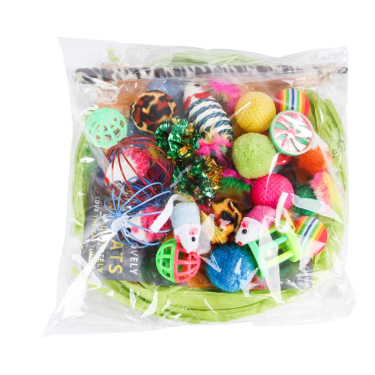 Pet cat toy set in clear bag with mixed colorful toys and feather attachments