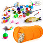 Pet cat toy set with orange tunnel, fish toy, feather wand, and colorful ball toys