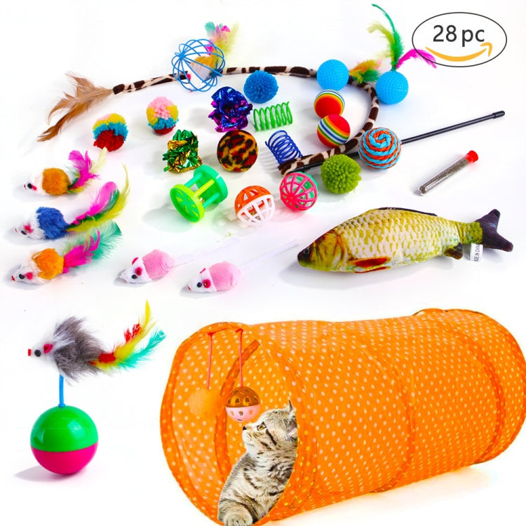 Pet cat toy set with orange tunnel, fish toy, feather wand, and colorful ball toys