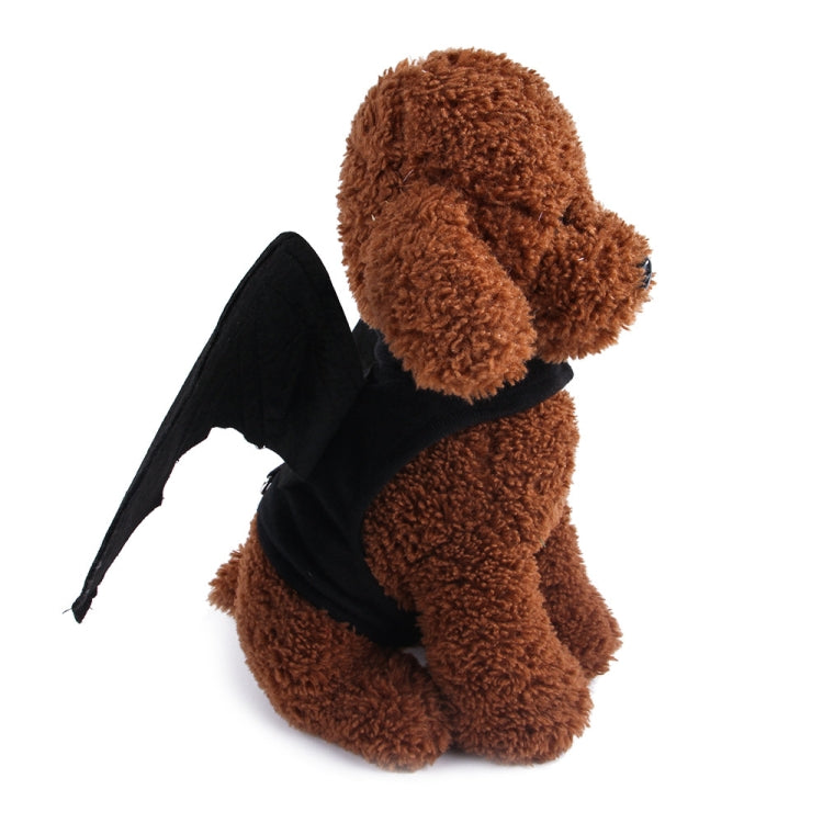 Side view bat wings pet costume: brown plush dog with black harness and outstretched wings