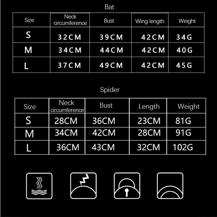 Bat wings pet costume size chart for S, M, L with wing length and weight