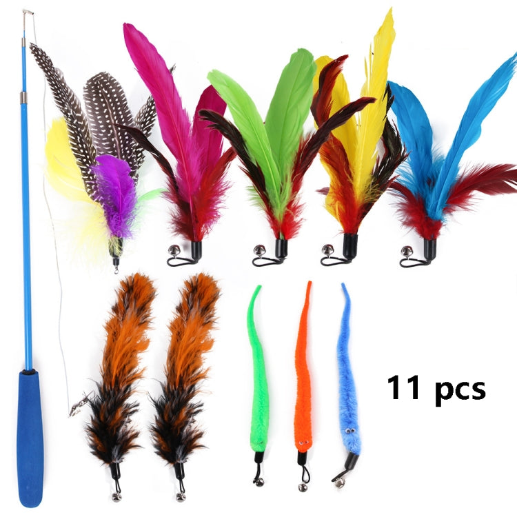 11-piece feather cat toy set with colorful wands, blue telescopic handle included