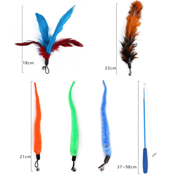 Assorted feather cat toys with bright plush covers and one blue telescopic wand