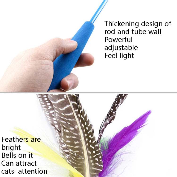 Blue telescopic cat wand with foam handle and hanging string, held in hand