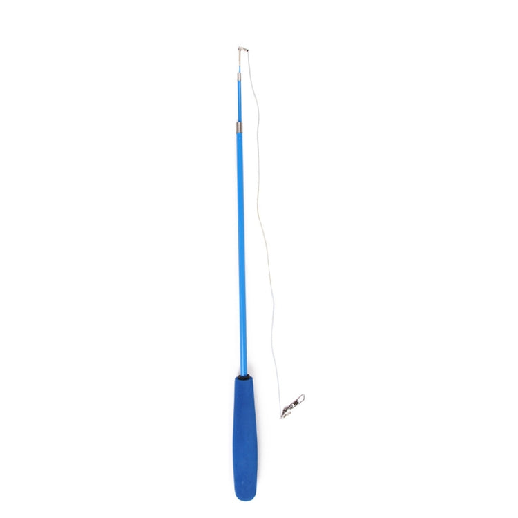 Blue telescopic cat wand with foam handle, thin string, and metal clip