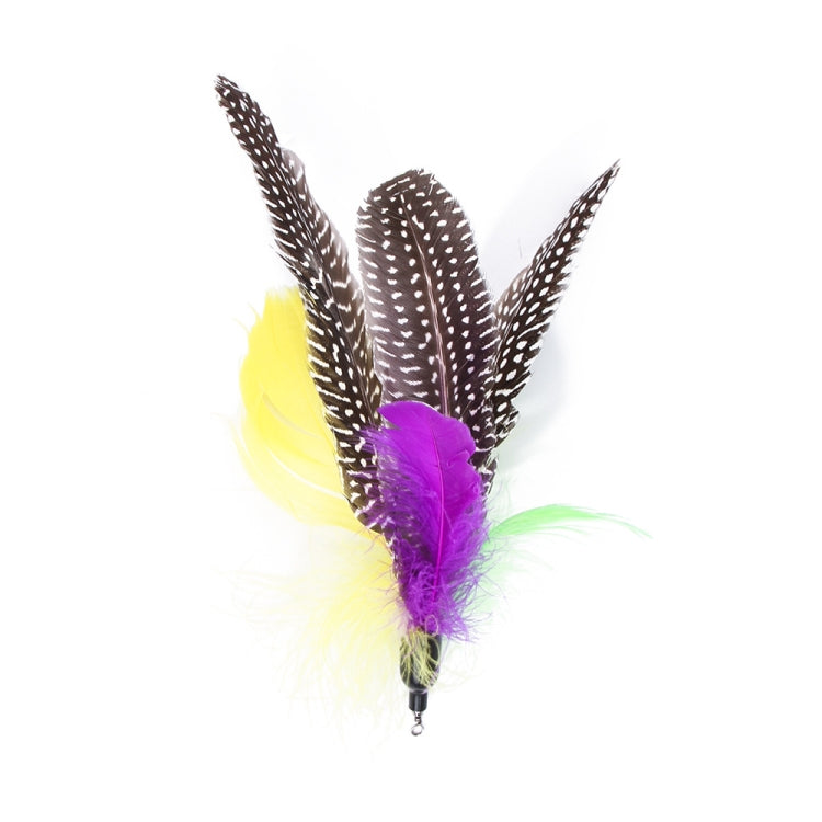 Feather cat toy with brown speckled wings, purple center feather, and yellow highlight