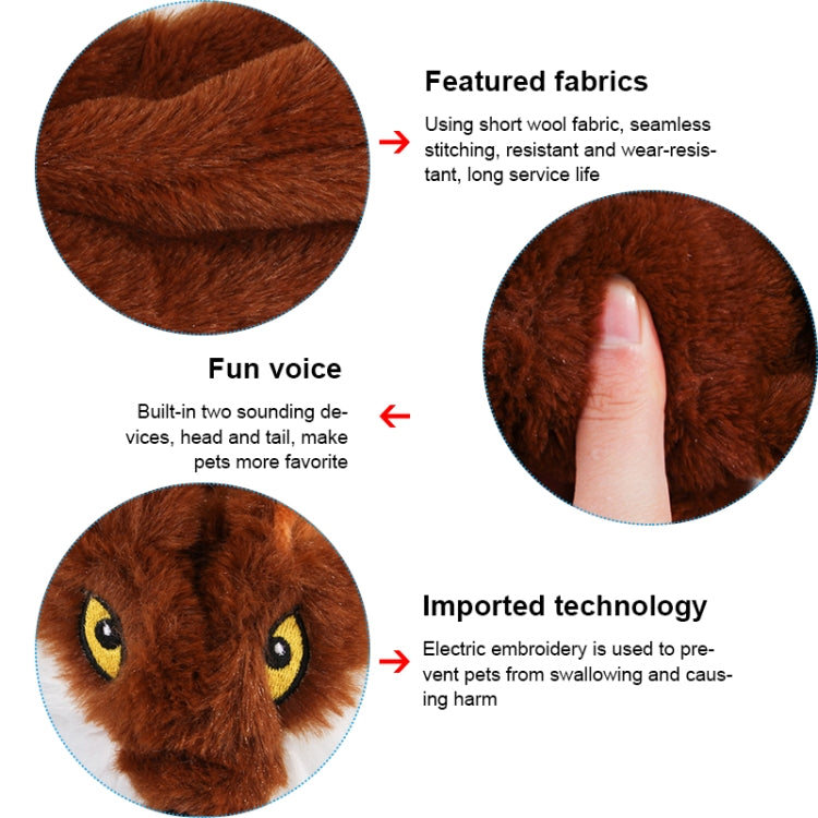 Dog plush bite toy diagram with fabric close-ups and vocal feature callouts