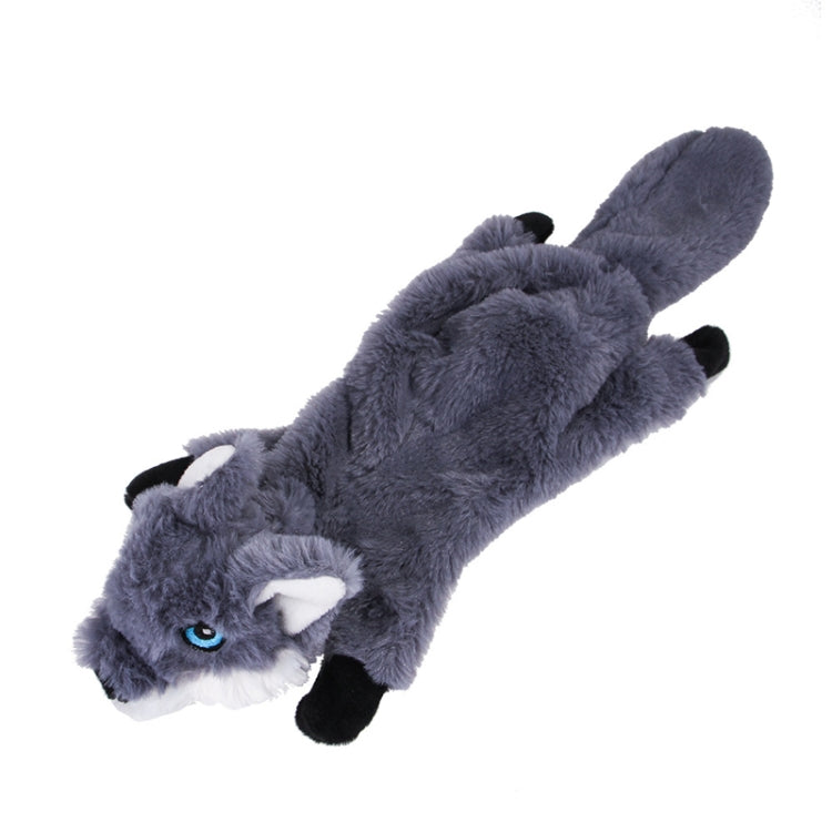 Gray dog plush bite toy with wolf face, blue eyes, and white muzzle patch