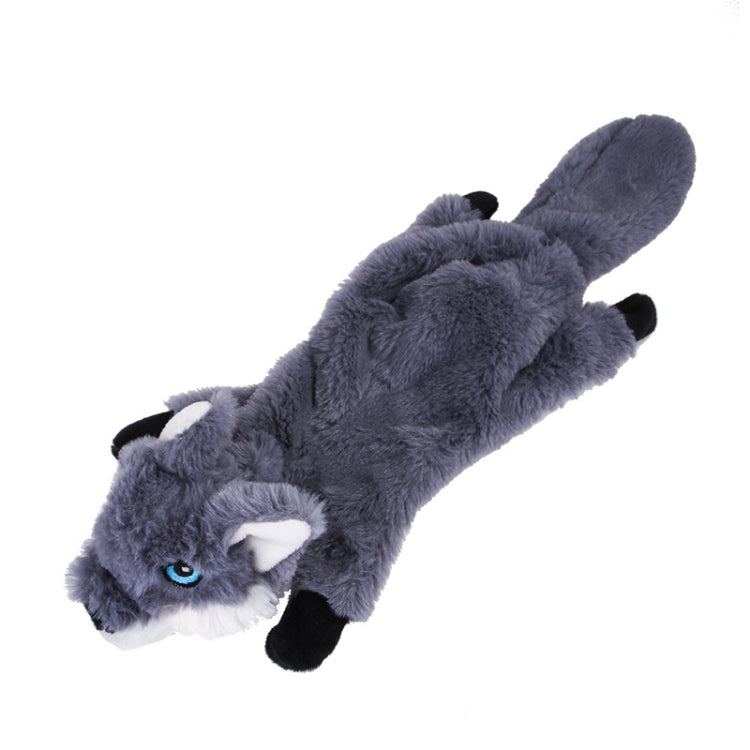 Gray wolf-style dog plush bite toy with blue eyes and white muzzle patch